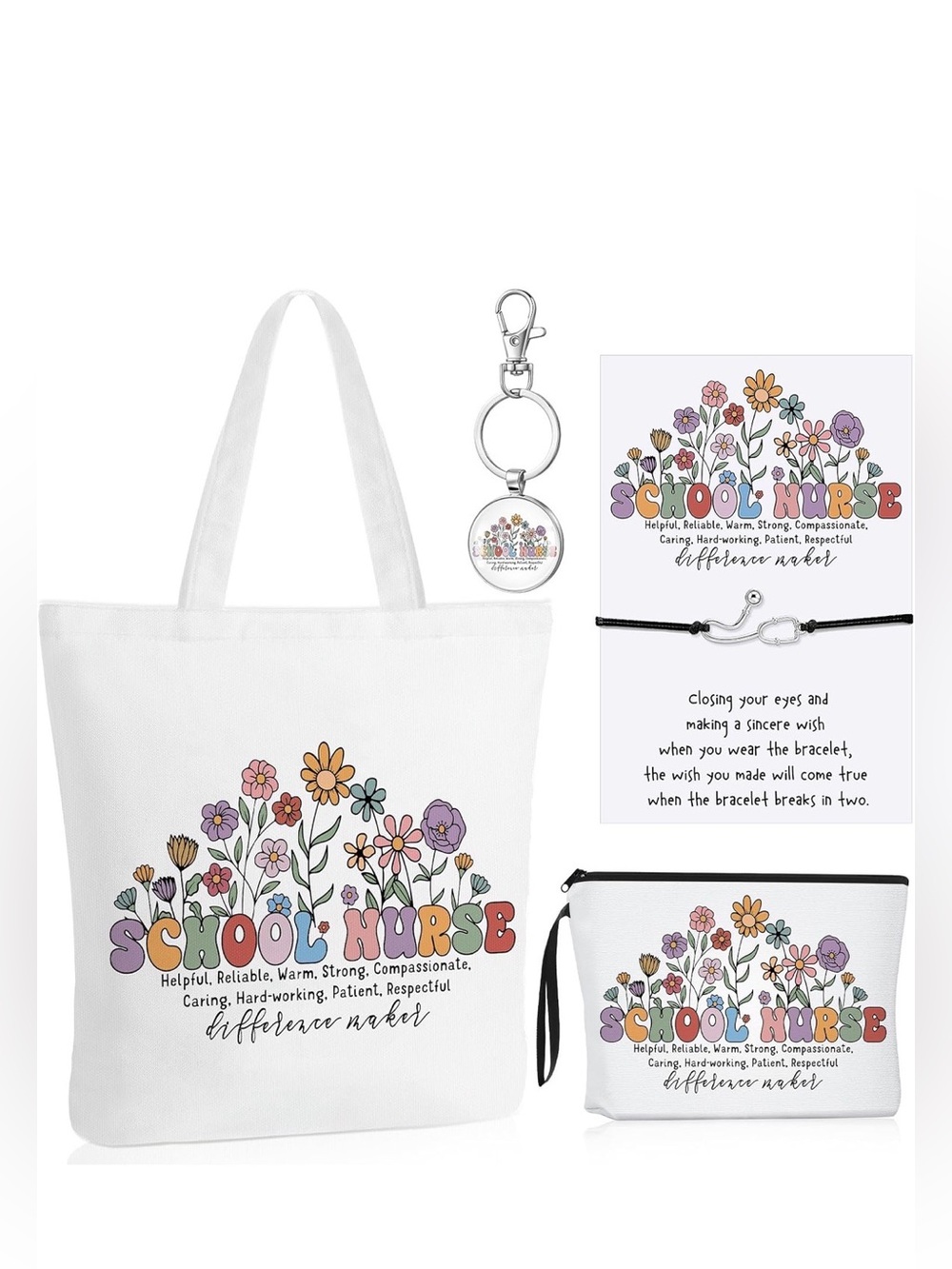 School Nurse Gift Set: includes a tote bag, cosmetic bag, keychain & bracelet - Picture 2 of 5